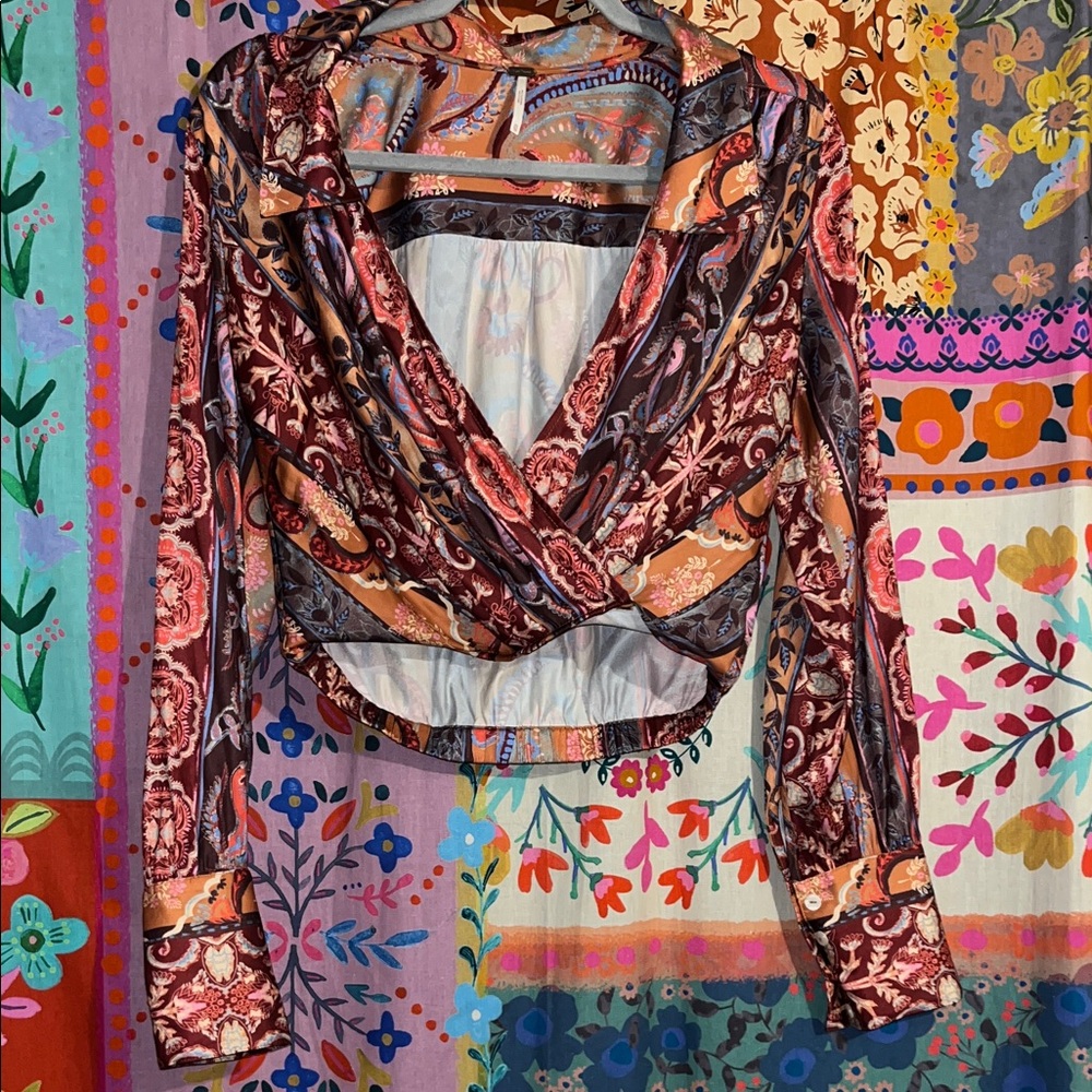 FREE PEOPLE Boho Crop Orange/Red/Multicolor Floral Blouse W/Collar Size XS NWOT
